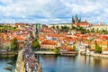 Landscape of Charles Bridge over river Vltava and Prague castle complex with St Vitus Cathedral in Prague, Czech Republic Royalty Free Stock Photo