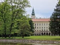 Landscape of Chotkuv Rybnik pond with Kromeriz castle in the background