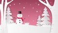 Landscape of Christmas winter background with happy snowman on snow field in paper cut style. Vector illustration. Backdrop,banner Royalty Free Stock Photo