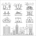 Landscape city buildings thin line ourline linear design icons elements set. Graphic design city constructor.