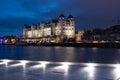 Landscape of a city, huge building , dark skies and night lights