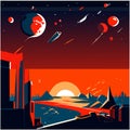 Landscape of the city at night with moon and stars. Vector illustration Generative AI Royalty Free Stock Photo