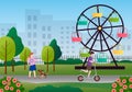 Landscape of a city park. Carousel, girl walking with a dog, boy riding a scooter, city high-rise buildings and green