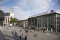 Landscape cityscape and German and foreign travelers walking at front of koln or kolne Central Hauptbahnhof railway station with