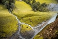 Landscape with clear spring water stream among thick moss and grass.