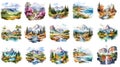 Landscape clipart set, watercolor paintings of mountains and rivers. Collection of miniatures isolated on white background.