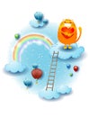 Landscape with clouds, ladder and kitten with heart. Fantasy illustration