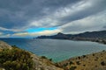 Landscape on the coast of Black sea in Crimea, Sudak. Royalty Free Stock Photo