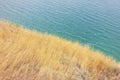 Landscape of coastline with blue surface of estuary water and yellow dry grass