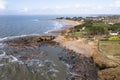 Landscape coastline from drone, coast at low tide in France, rocks, ocean and houses Royalty Free Stock Photo