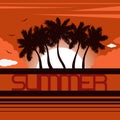 Landscape with coastline silhouettes of palm trees, sunset, sun, clouds and birds. Lettering `Summer`. Tropical resort. Flat style Royalty Free Stock Photo