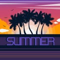 Landscape with coastline silhouettes of palm trees, sunset, sun, clouds and birds. Lettering `Summer`. Tropical resort. Royalty Free Stock Photo