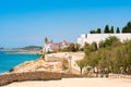 Landscape of the coastline in Sitges, Barcelona, Catalunya, Spain. Copy space for text.