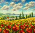 Landscape with colorful flowered red Poppies field in Tuscany, Italy Royalty Free Stock Photo