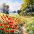 Landscape with colorful flowered red Poppies field in Tuscany, Italy.Picture painting created with watercolors acrylic