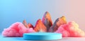 Landscape with colorful mountains, clouds, and display platform Royalty Free Stock Photo