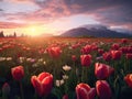 landscape of colorful tulip fields, sunlight shining on tulip fields, and a mountain at sunset in the background Royalty Free Stock Photo