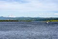 Landscape of Columbia River with forest hills and snowy Mount Hood in Columbia Gorge Area Royalty Free Stock Photo