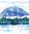 Landscape composition. Mountain, fir wood, lake. Hand drawn watercolor illustration