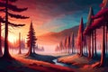 Landscape with coniferous pine tree forest at sunset, mountains in the background, vector illustration, generative ai Royalty Free Stock Photo