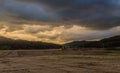 Landscape of a construction site under a dark cloudy sky.