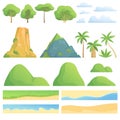 Landscape constructor. Creation kit with trees bushes mountains hills clouds coast sand and grass vector cartoon