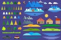 Landscape constructor icons set. houses, trees and architecture signs for map, game, texture, mountains, river, sun.