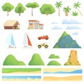 Landscape constructor. Rivers gardens houses transport mountains and hills trees vector cartoon creation kit collection