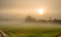 Landscape of Corn Farming Field and Sunrise in the Mist Royalty Free Stock Photo