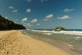 Landscape Costa Rica, National Park Cahuita on the Caribic coast, sand beach with the waves and small island. Central America with