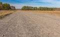 Landscape with country macadam road leading to remote Ukrainian village Hetmanka in Poltavsk region Royalty Free Stock Photo