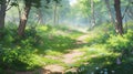 landscape countryside cartoon scene background. dirt path leading to inside deep forest. generative AI Royalty Free Stock Photo