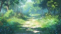 landscape countryside cartoon scene background. dirt path leading to inside deep forest. generative AI Royalty Free Stock Photo