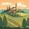 Landscape in countryside Italy with houses, fields and trees in the background. Vector illustration Royalty Free Stock Photo