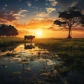 Landscape with a cow that graze grass at sunset in Sundarbans, West Bengal Made With Generative AI illustration