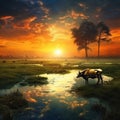 Landscape with a cow that graze grass at sunset in Sundarbans, West Bengal Made With Generative AI illustration