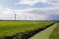 Landscape with cows grazing in the field and windmills on the background, river and blue sky Royalty Free Stock Photo