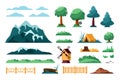 Landscape creation kit. constructor of different weather elements trees mountain tent bushes grass. Vector cartoon set