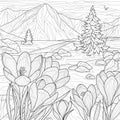 Landscape with crocuses and mountains.Coloring book antistress for children and adults. Royalty Free Stock Photo