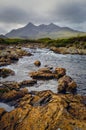 Landscape of Cuillin hills and river, Scottish highlands Royalty Free Stock Photo