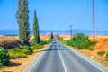 Landscape of Cyprus with cars vehicles riding asphalt road in valley with yellow dry fields, cypress trees and roadside poles