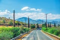 Landscape of Cyprus with cars vehicles riding asphalt road in valley with yellow dry fields, cypress trees and roadside poles