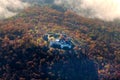 Landscape Czech Central Highlands and Milesovka peak, aerial photo Royalty Free Stock Photo