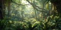 Landscape of dense jungle, panorama of tropical thick in deep forest, generative AI