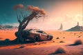 Landscape with desert car inspired by Mad Max movies, GENERATIVE AI Royalty Free Stock Photo