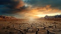 Landscape of deserted dry cracked land at sunset, drought due to global warming. Panorama of wasteland. Concept of soil, ground, Royalty Free Stock Photo