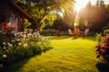 Landscape design of the backyard in a beautiful American home