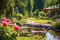 Landscape design for backyard garden pond background. Beautiful artificial pond with water-lily on the home plot. Generative AI Royalty Free Stock Photo