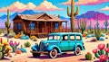 Landscape design cactus flowers desert sand jalopy car