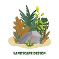 Landscape design composition with plant and stones. Cute floral composition for greeting card, banner, flyer, app, website on Royalty Free Stock Photo